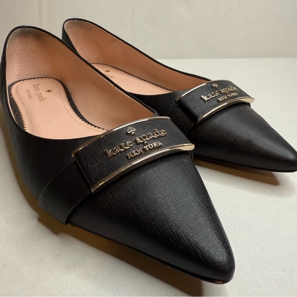 Kate Spade Black Leather Flats with Gold Accents